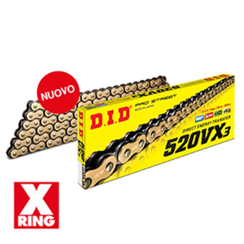 Motorcycle DID chain step 520VX3 gold and black color with